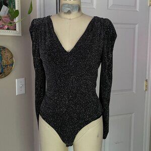 ASTR Black Metallic high-shoulder Stretch Cocktail Bodysuit Shirt *SMALL*